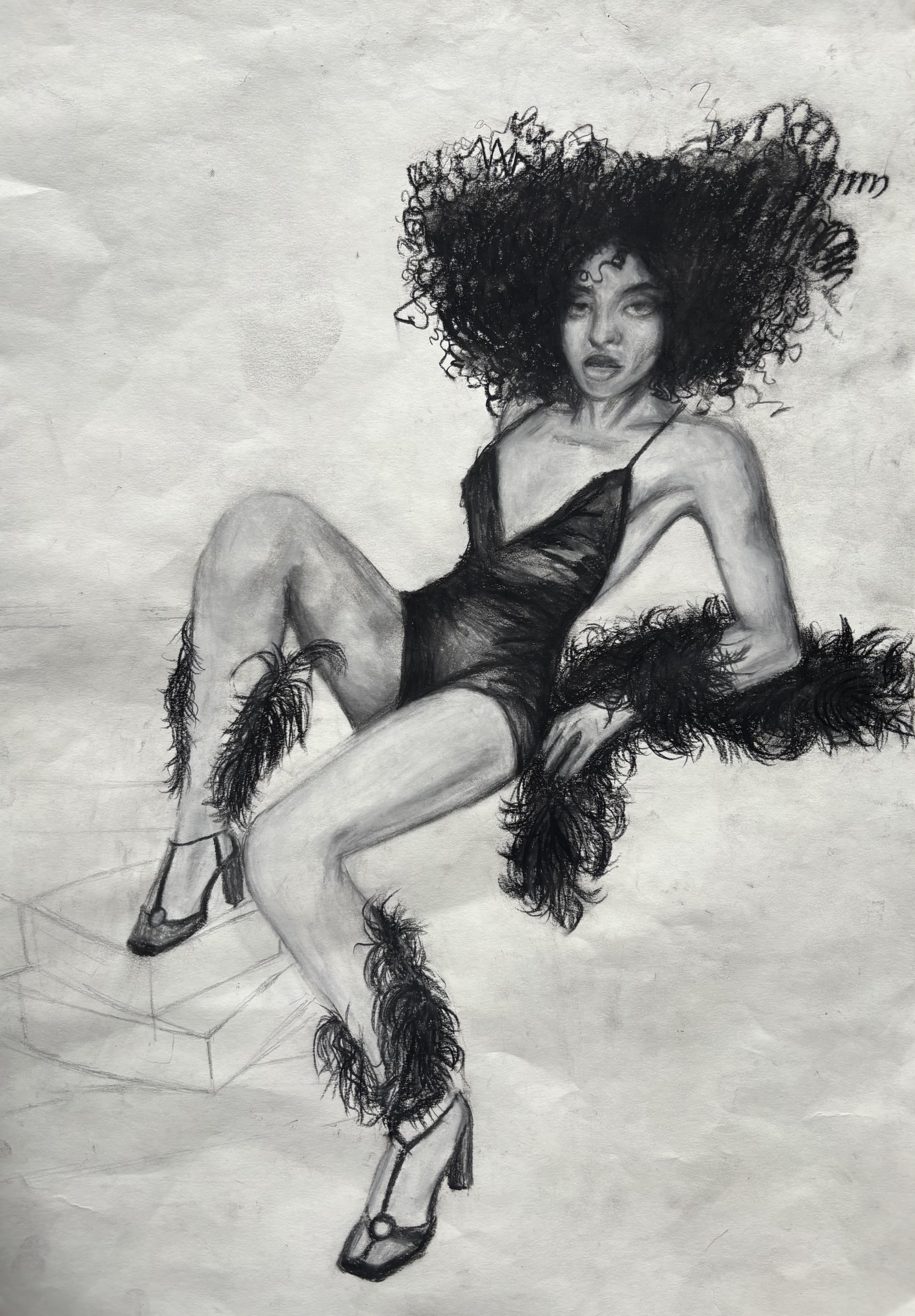 Ashanti Benjamin, Feathered Boa, conté on paper, Drawing I, spring 2025