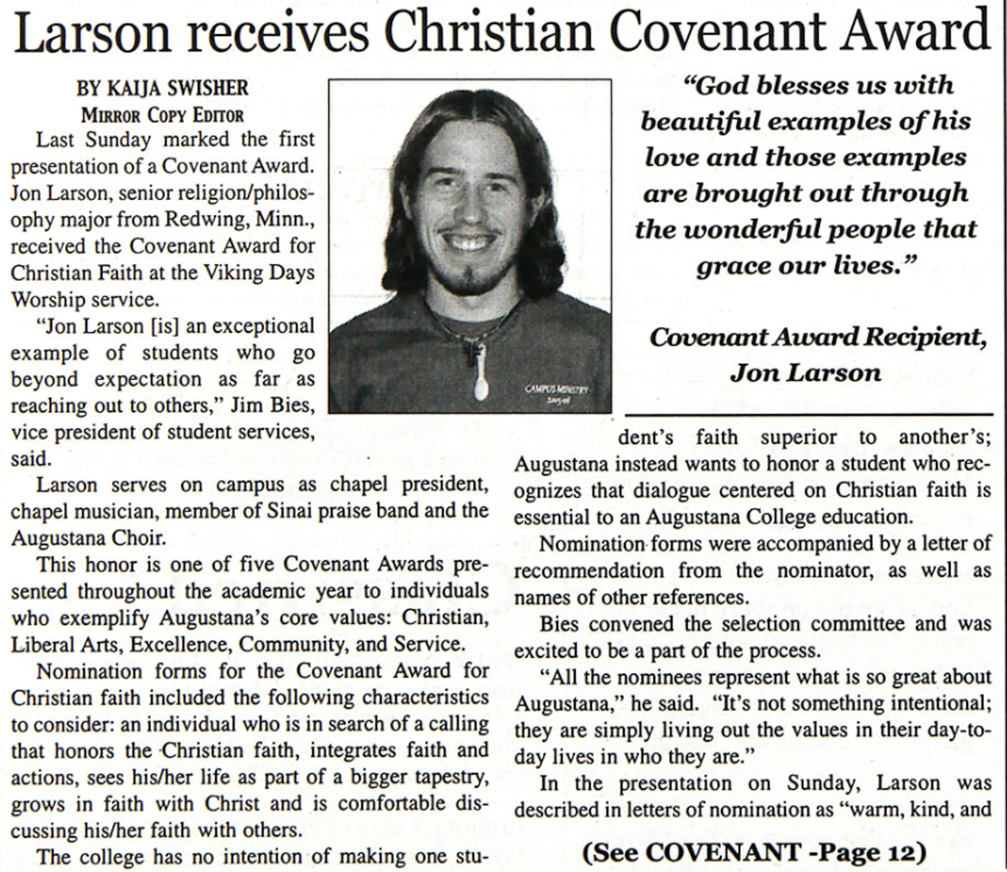 Pastor Rev. Jon Splichal Larson ‘06 Covenant Award