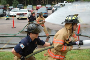 students in fire simulation