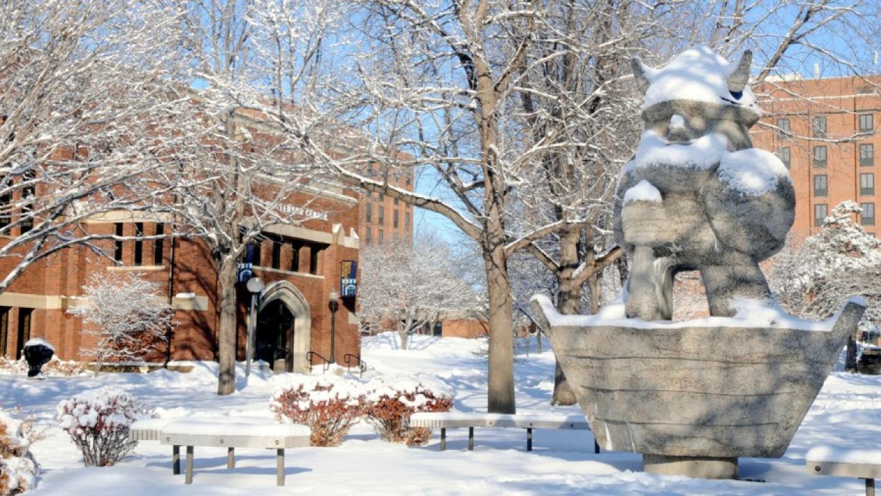 Augustana's Ole covered with snow