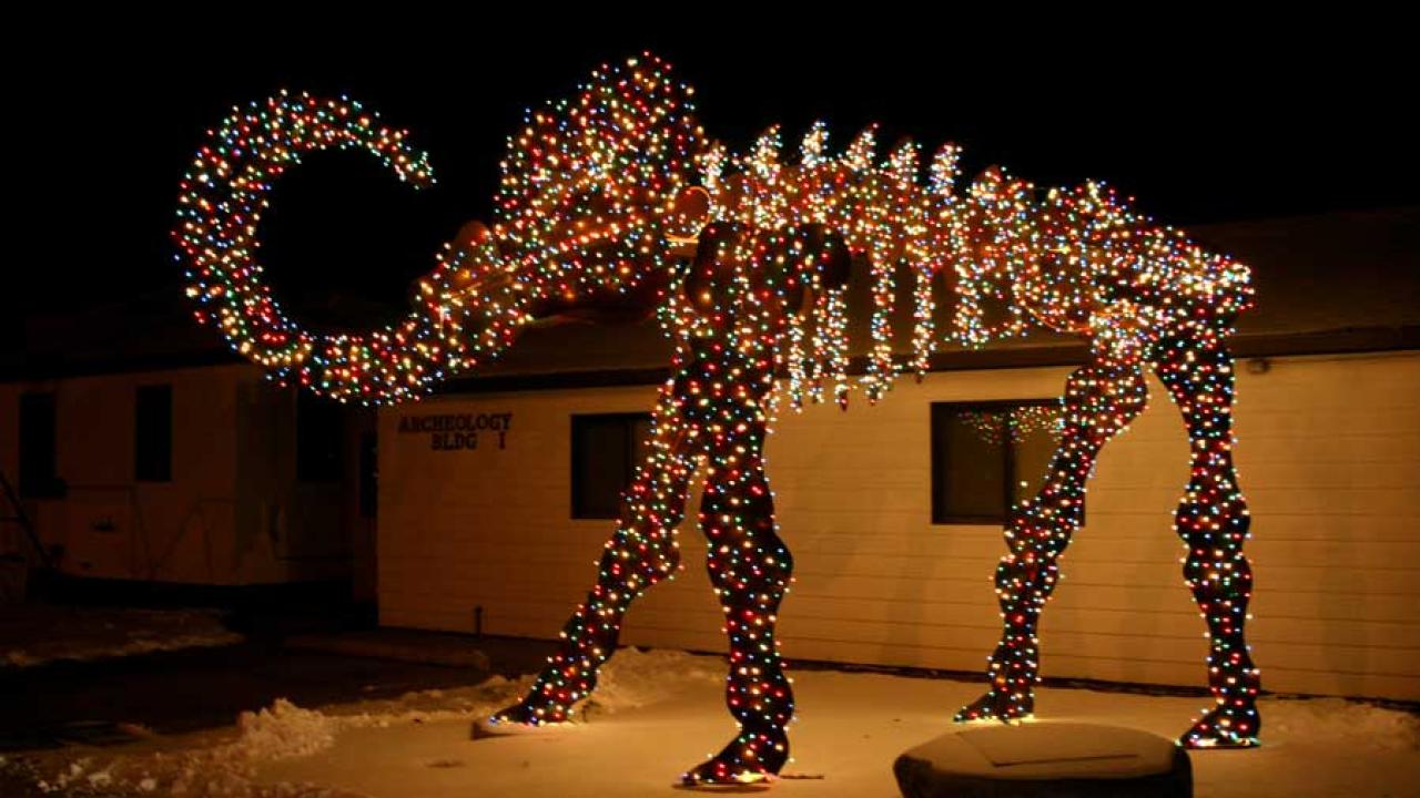 Mammoth sculpture outside Archeology Lab covered in Christmas lights