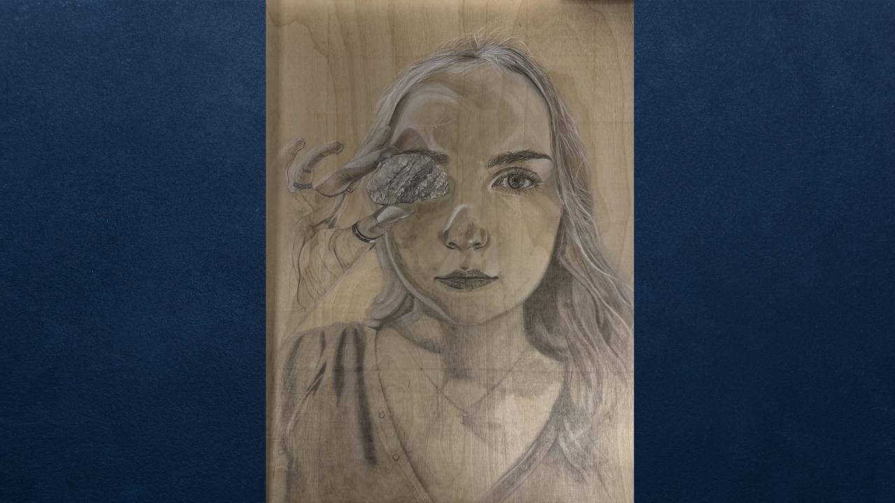 Austyn Sluis, “Perspective,” graphite and white charcoal on wood board, 2024