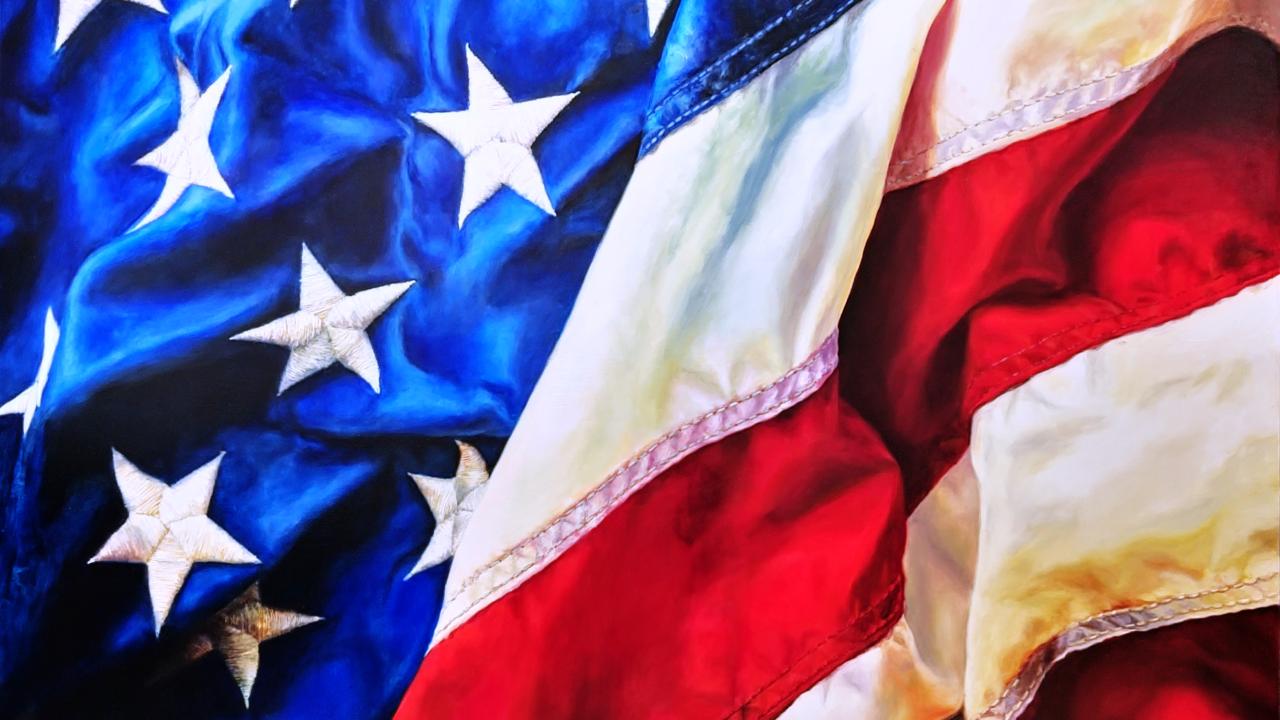 Oil painting of a rippling American flag (closeup)