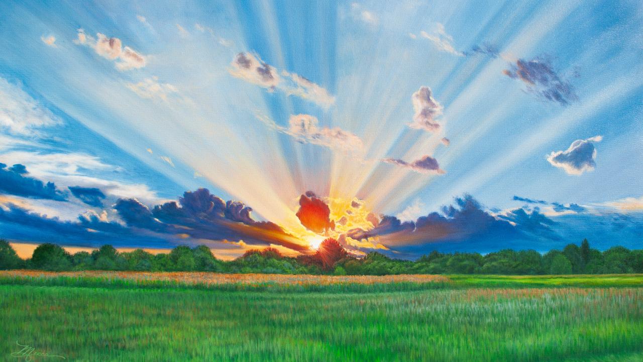Painting of a sunrise or sunset depicting rays of light bursting through clouds